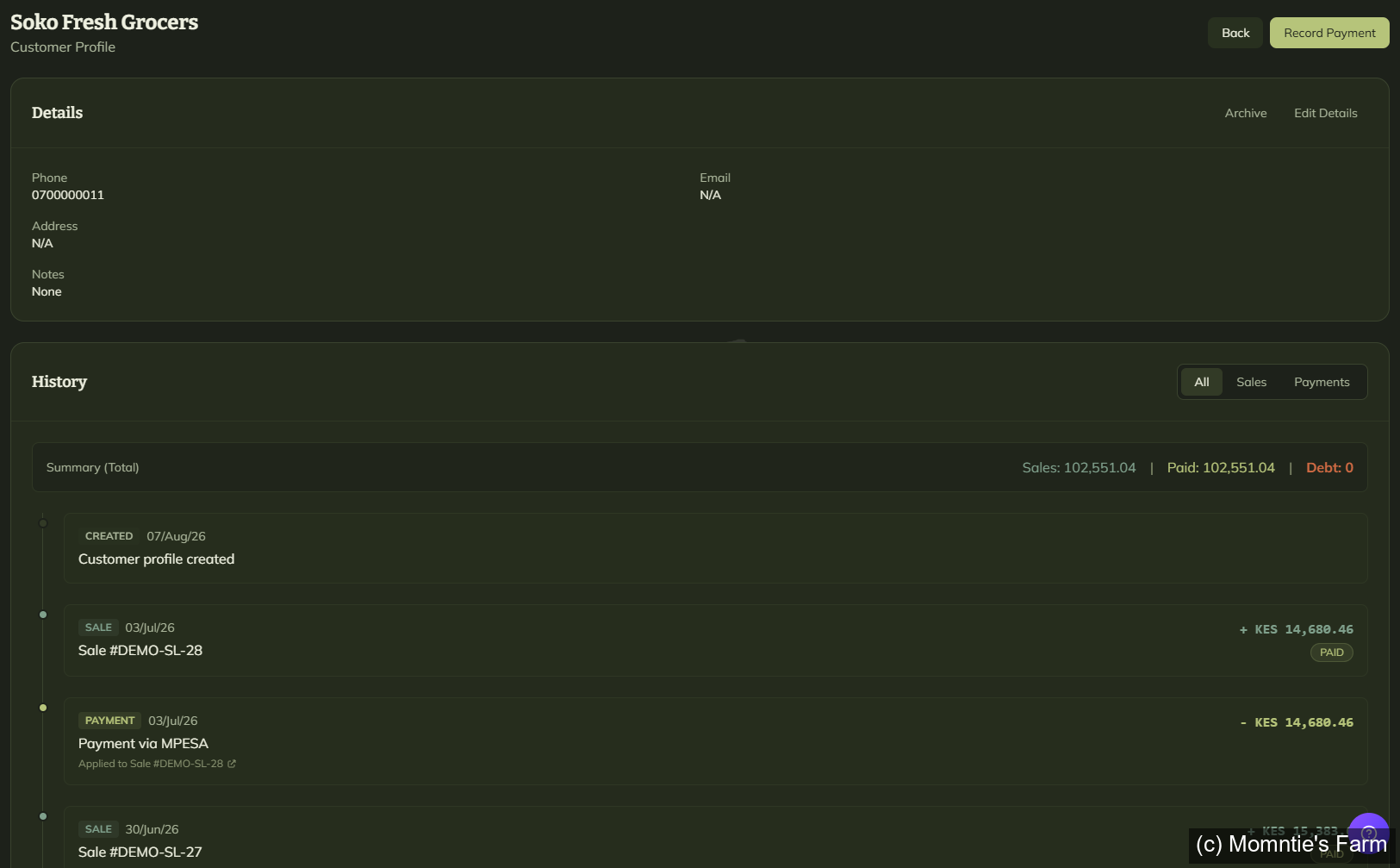 Customer profile screen showing sales and payment history