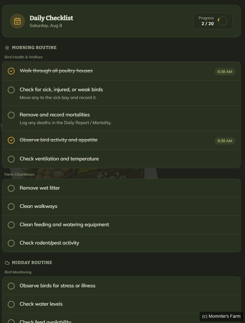 Daily checklist screen showing the morning routine, checked off task by task