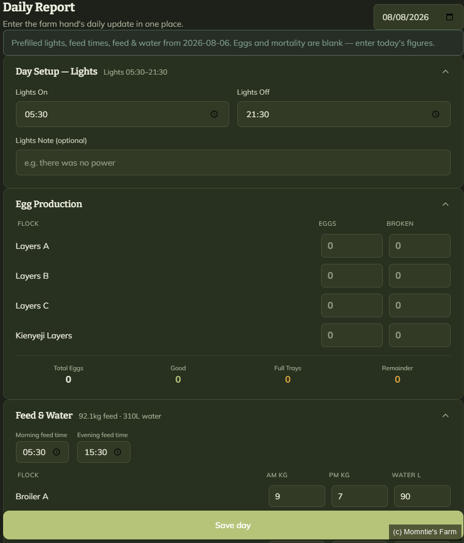 Daily report screen for entering egg production, feed and water figures